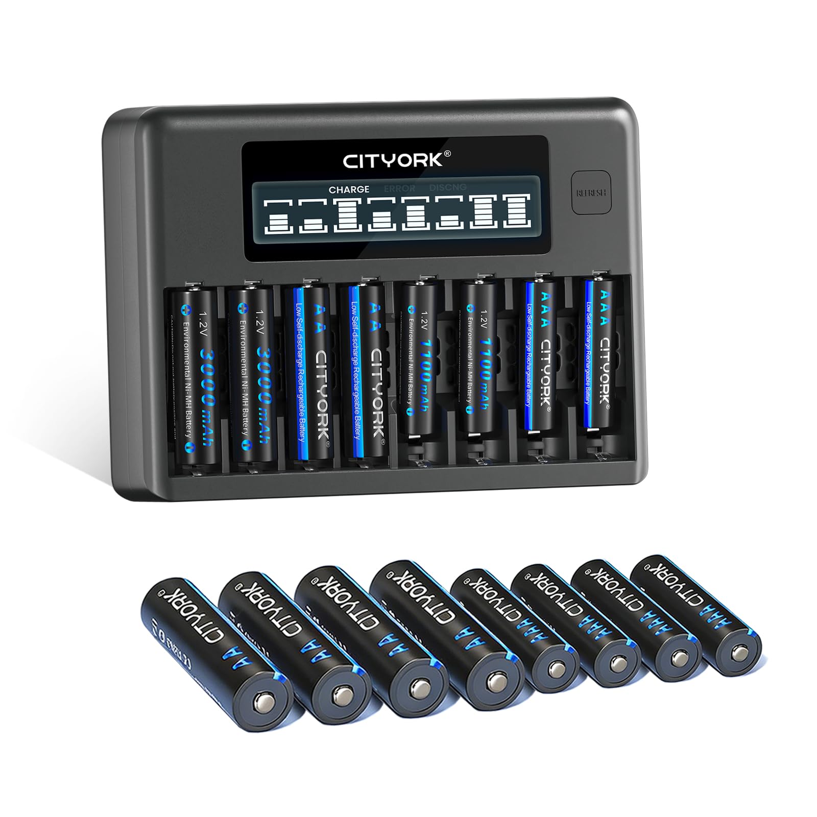 CITYORK 8-slot AA AAA LCD Battery Charger with 8 x 3000mAh AA + 8