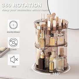 360 Rotating Makeup Organizer with Lipstick Slots, DIY 8 Adjustable Height Spinning Skincare Organizers, Brush and Perfume Storage Carousel, Cosmetic Display Case for Vanity Bathroom Countertop