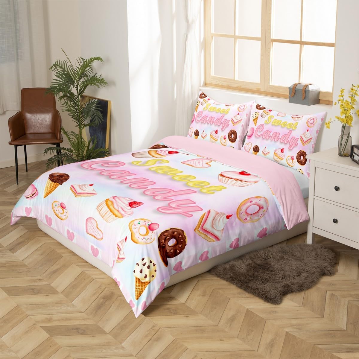 Dessert Duvet Cover Set Toddler Size,Girls Cupcake Ice Cream Comforter Cover 2pcs for Girls Teens,Sweet Donut Food Quilt Cover,1 Pillowcase(No Comforter),Pink Gradient Bedding Quilt Cover