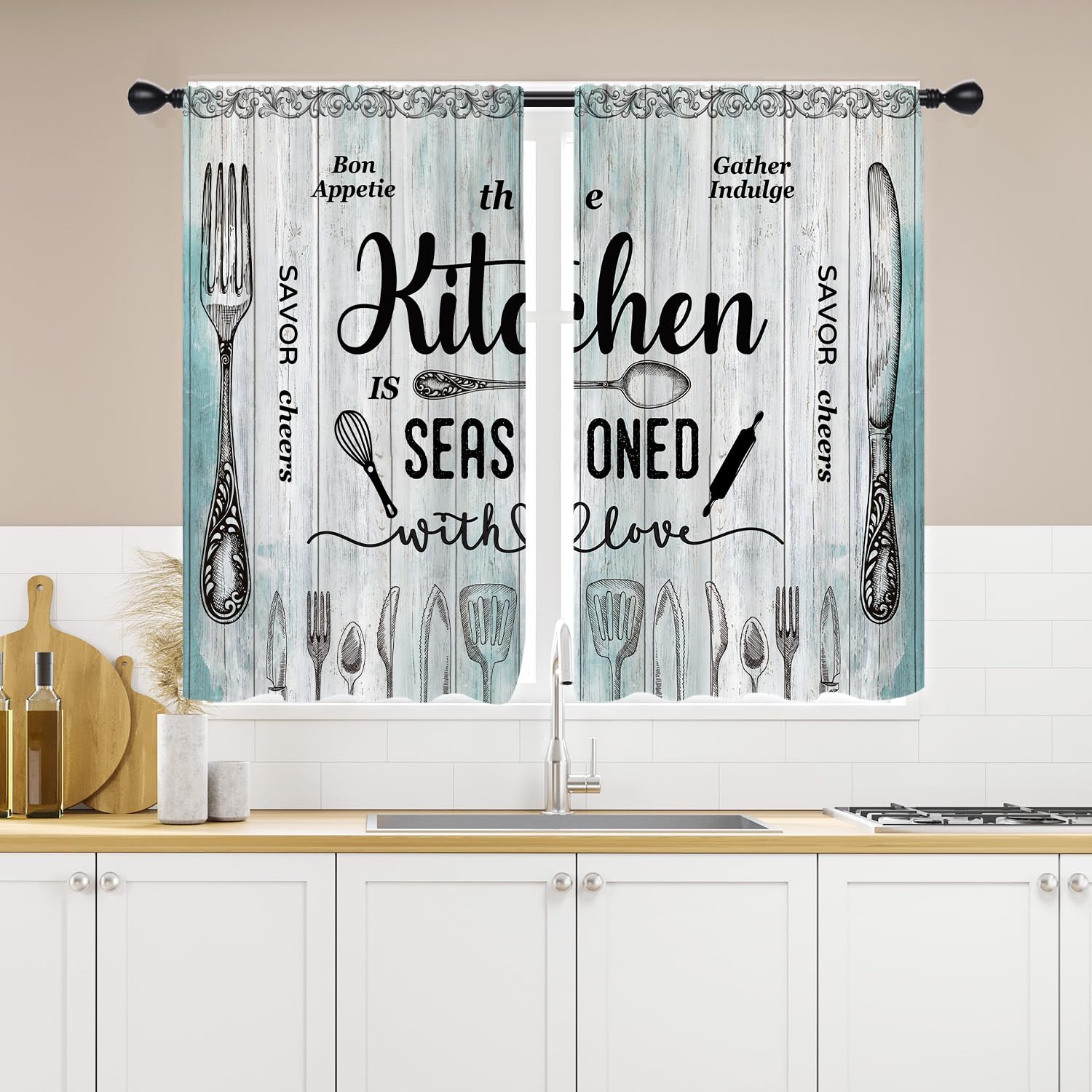 EGLGCC Farmhouse Teal Kitchen Curtains 27.5W x 39L Inch Small Mini Rustic Retro Antique Country Vintage Turquoise Wooden Farm Rod Pocket Short Tiers