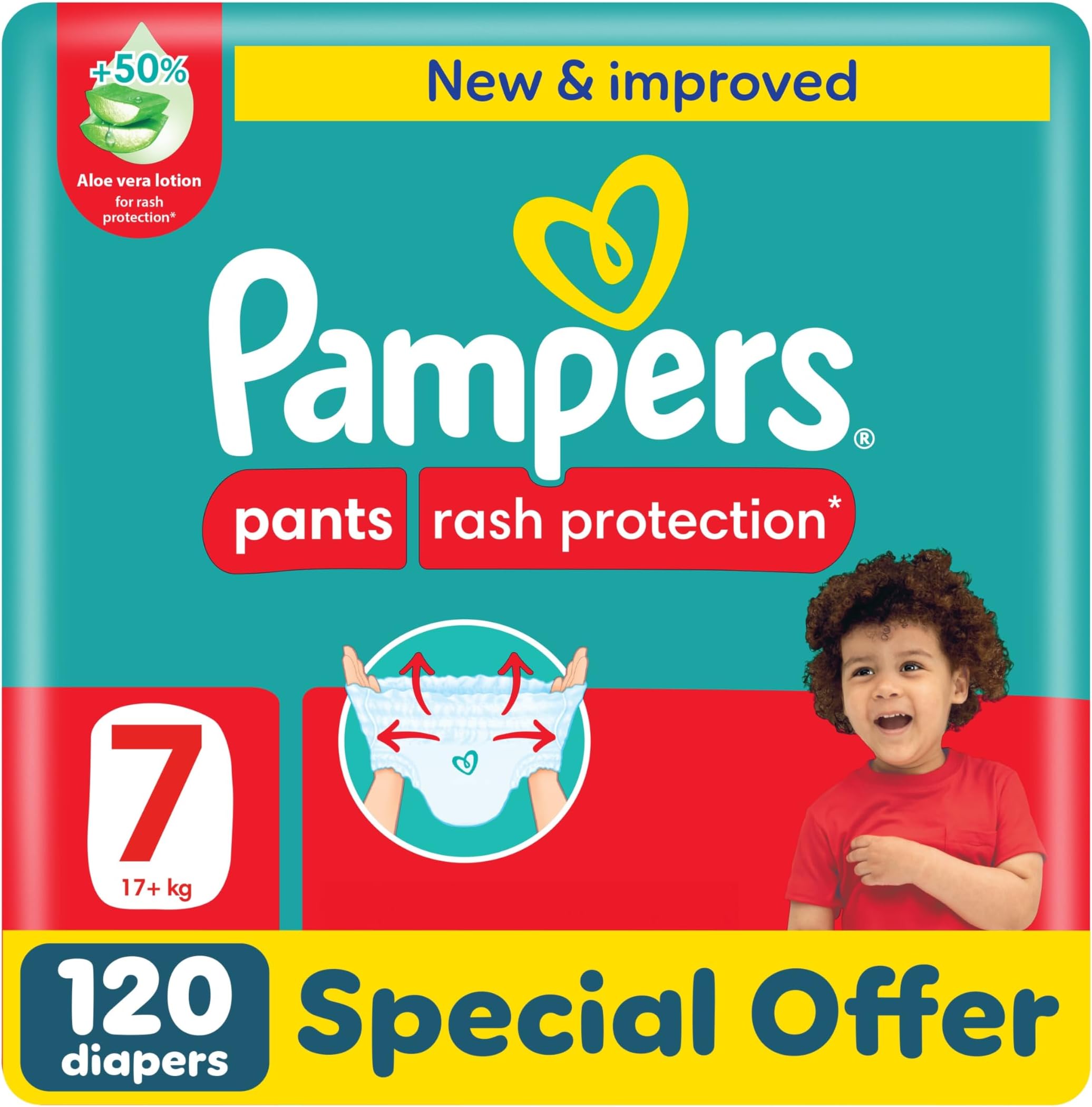 Rash Protection Pants Diapers, Size 7, 20+kg, +50% Aloe Vera Lotion, 360° Leak-Free Fit for up to 100% Leakage Protection, Jumbo Pack, 120 Count