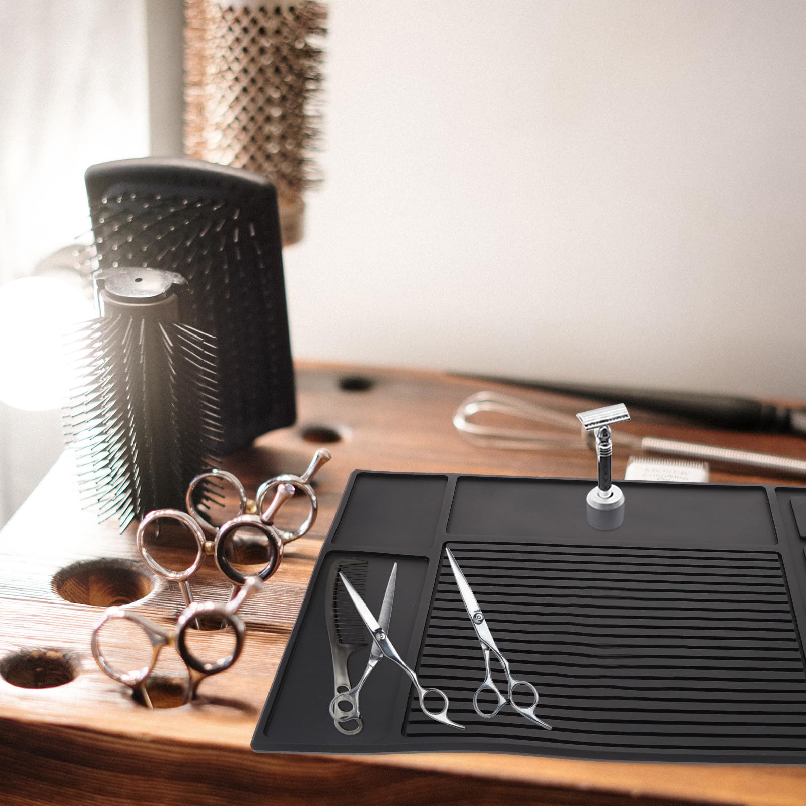 Schwarze Silikon Friseur Schneidematte Rutschfest für Scheren und | Barber Zubehör, Friseurwerkzeugmatte, Aufbewahrung für Salon und Zuhause