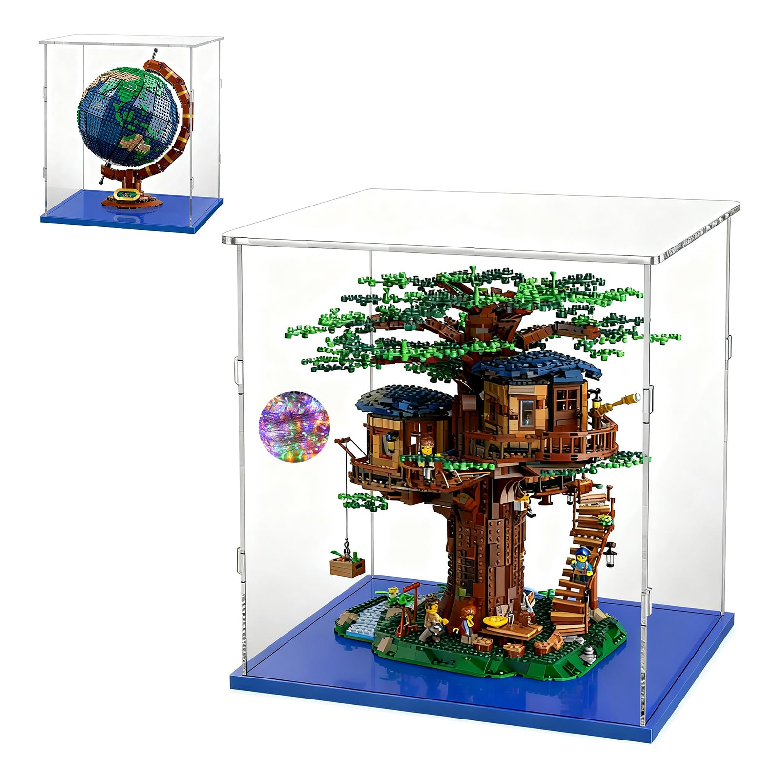 Acryl Vitrine 40x40x45 für Lego Baumhaus 21318 Globus 21332 Piano 21323 | Einfach zu installieren,Staubschutz,Klar,Blaue Basis