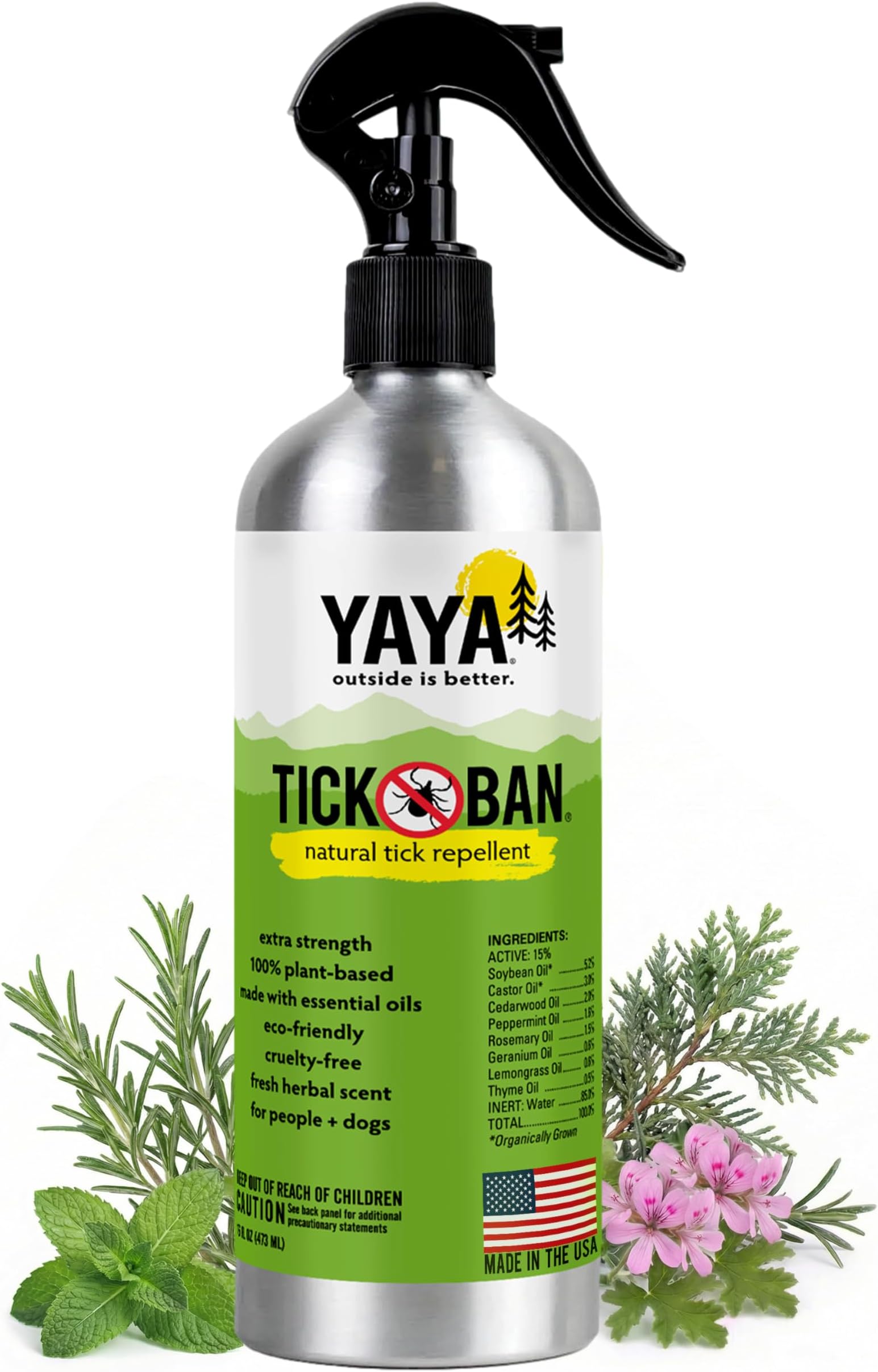 Yaya Organics All Natural Extra Strength Tick Repellent DEET Free - 16 Ounce Spray Bottle