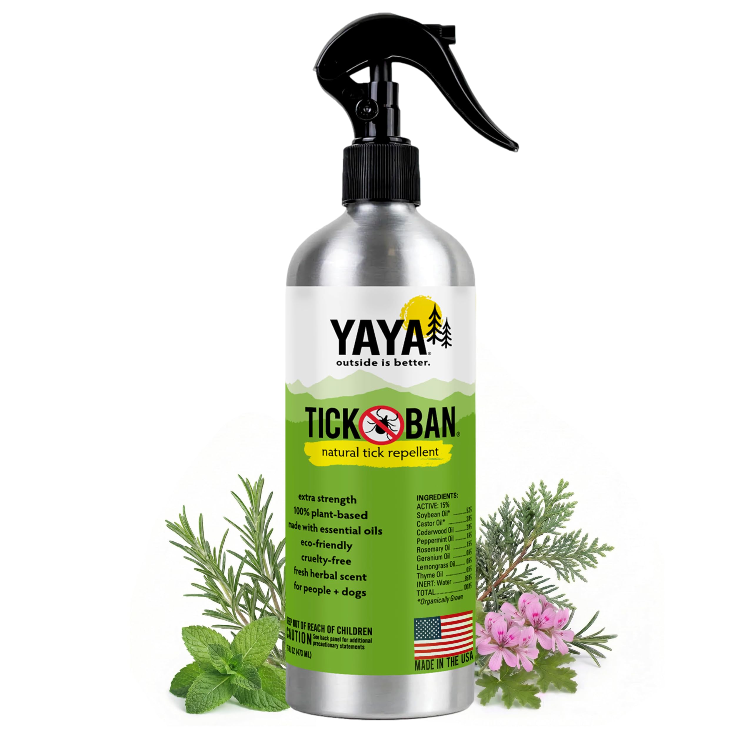 TICK BAN Yaya Organics All Natural Extra Strength Tick Repellent DEET Free - 16 Ounce Spray Bottle