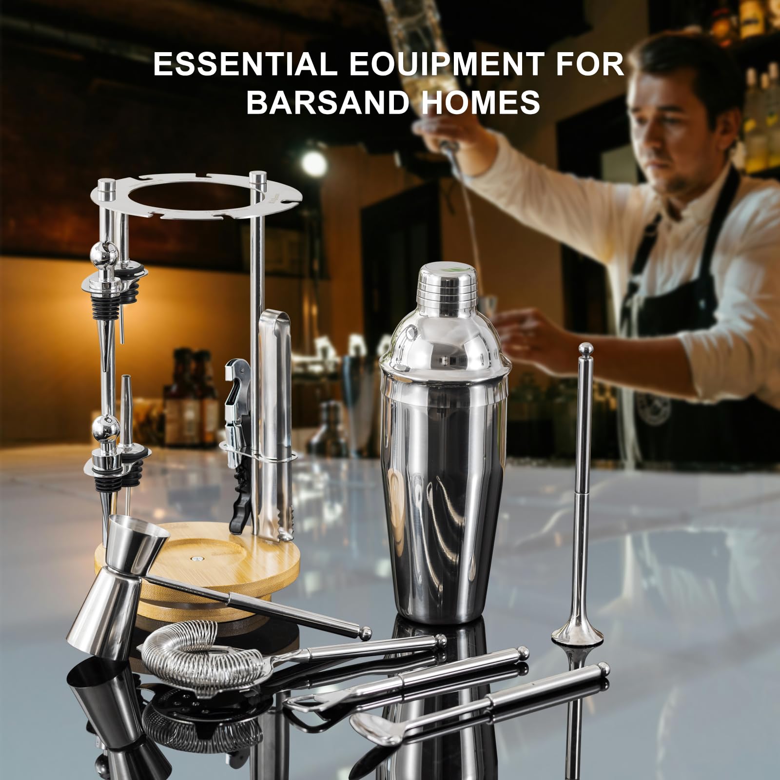 Kit de barman con soporte giratorio, juego de coctelera de 13 piezas de acero inoxidable, herramientas de barra de mixología, juego profesional de bar para mezclar bebidas, hogar, bar, fiesta,