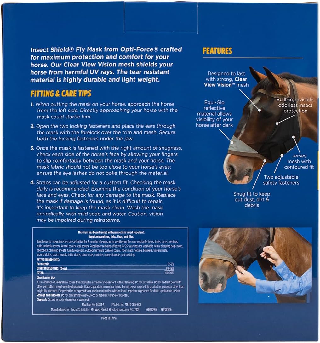 Opti-Force Horse Fly Mask - Insect Shield Repellent UV Protected Clear-View Mesh, Permethrin Treatment, Reflective Night Vis, Lightweight No-Ears Design, Standard Size, Adjustable Straps