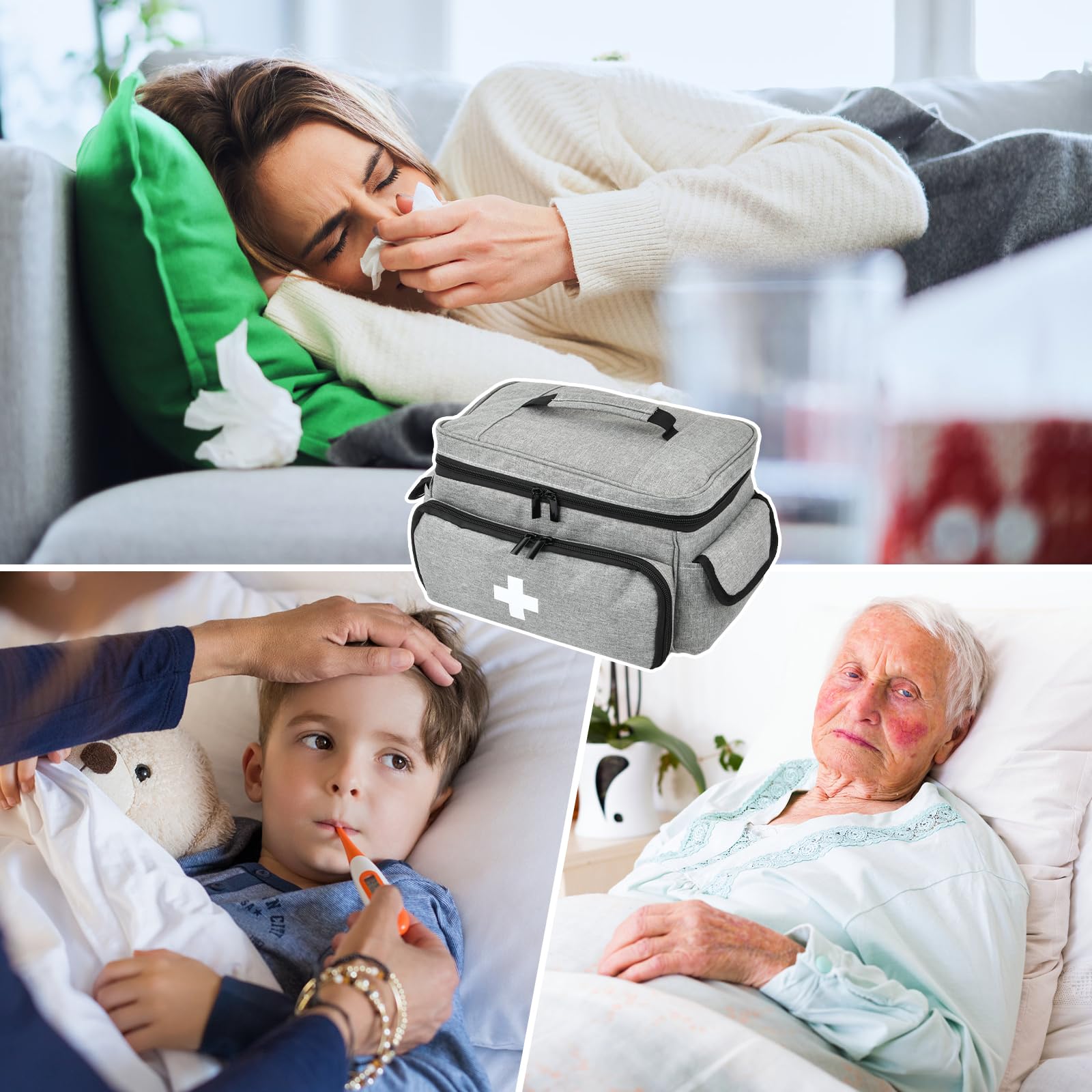 Borsa Medica Vuota, Kit di Pronto Soccorso Portatile Impermeabile, Kit Farmaci per Casa, Ufficio, Esterno, Grigio