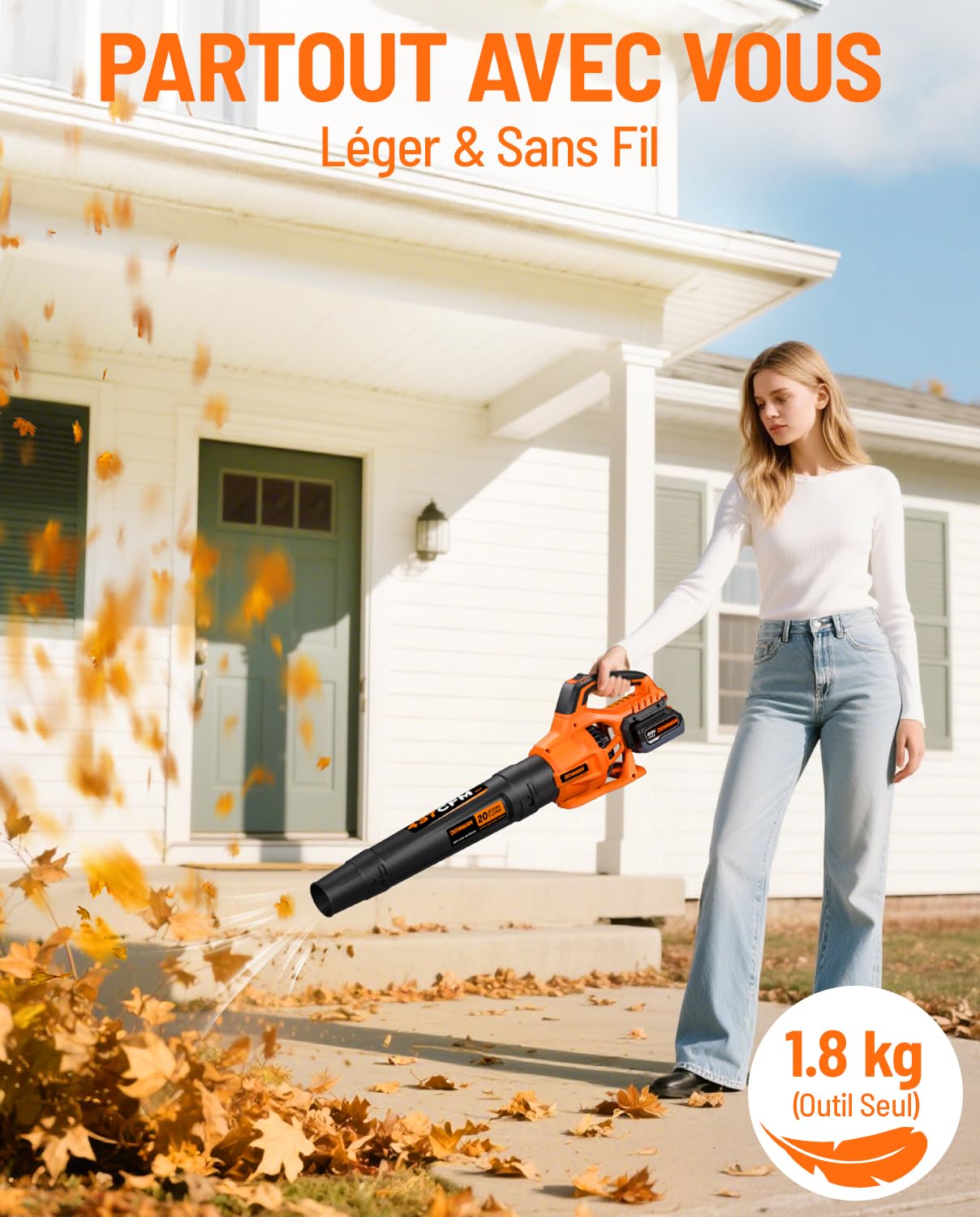 DOVAMAN Souffleur de Feuilles sans Fil, Léger et Facile à Contrôler, 20V avec 2 Vitesses, Jusqu’à 162 km/h et 437 CFM, pour Jardin, Terrasse et Entretien Extérieur