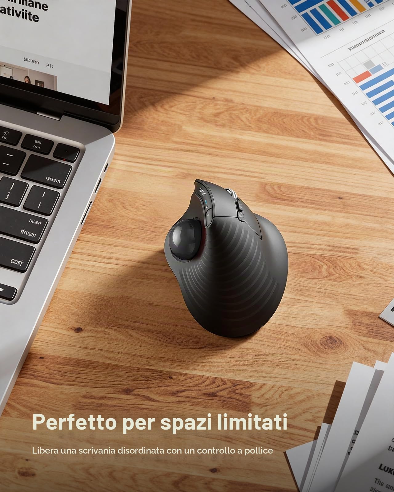 Nulea M514 Mouse Trackball verticale, mouse ergonomico senza fili con controllo del pollice con clic silenziosi, scorrimento ultra veloce, connessione a 3 dispositivi (Bluetooth e ricevitore USB