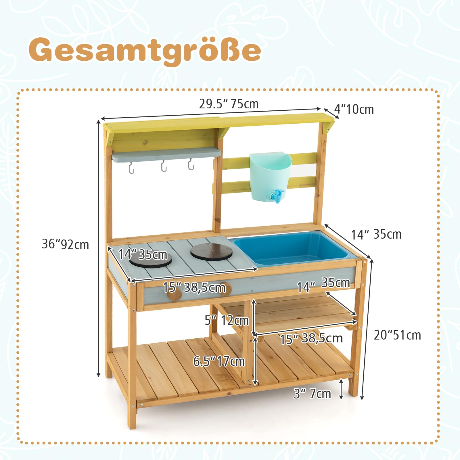 COSTWAY Matschküche Kinder Outdoor, Kinderküche Holz mit Wasserfunktion, Spielküche mit Haken & abnehmbarem Regal, Gartenküche Outdoorküche für Kinder ab 3 Jahren