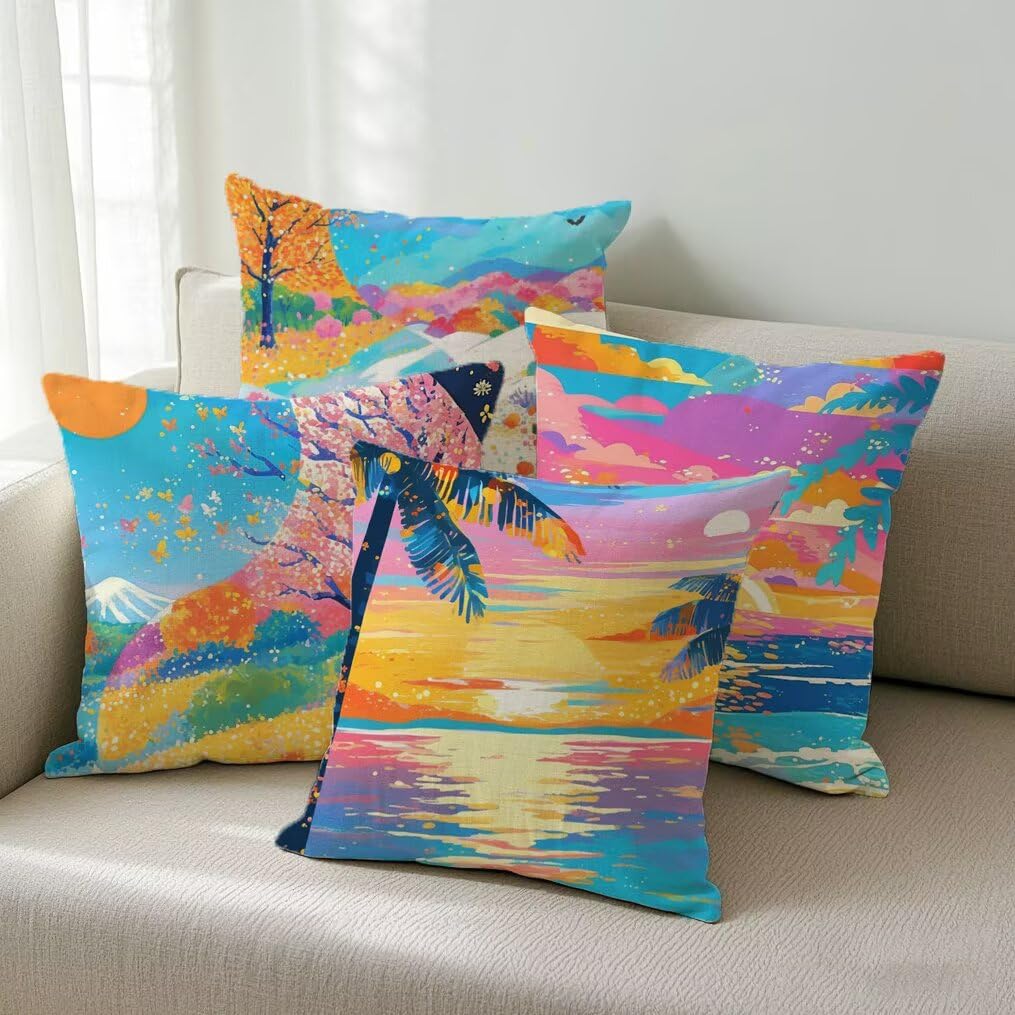 Lot de 4 Housse de Coussin 45x45cm, Housse de Canapé Hiver Motif Décoratif Imperméable Lin Taie d'oreiller avec Fermeture Éclair Invisible, Salon Chambre à Coucher Décoration de Maison, Été Ym105