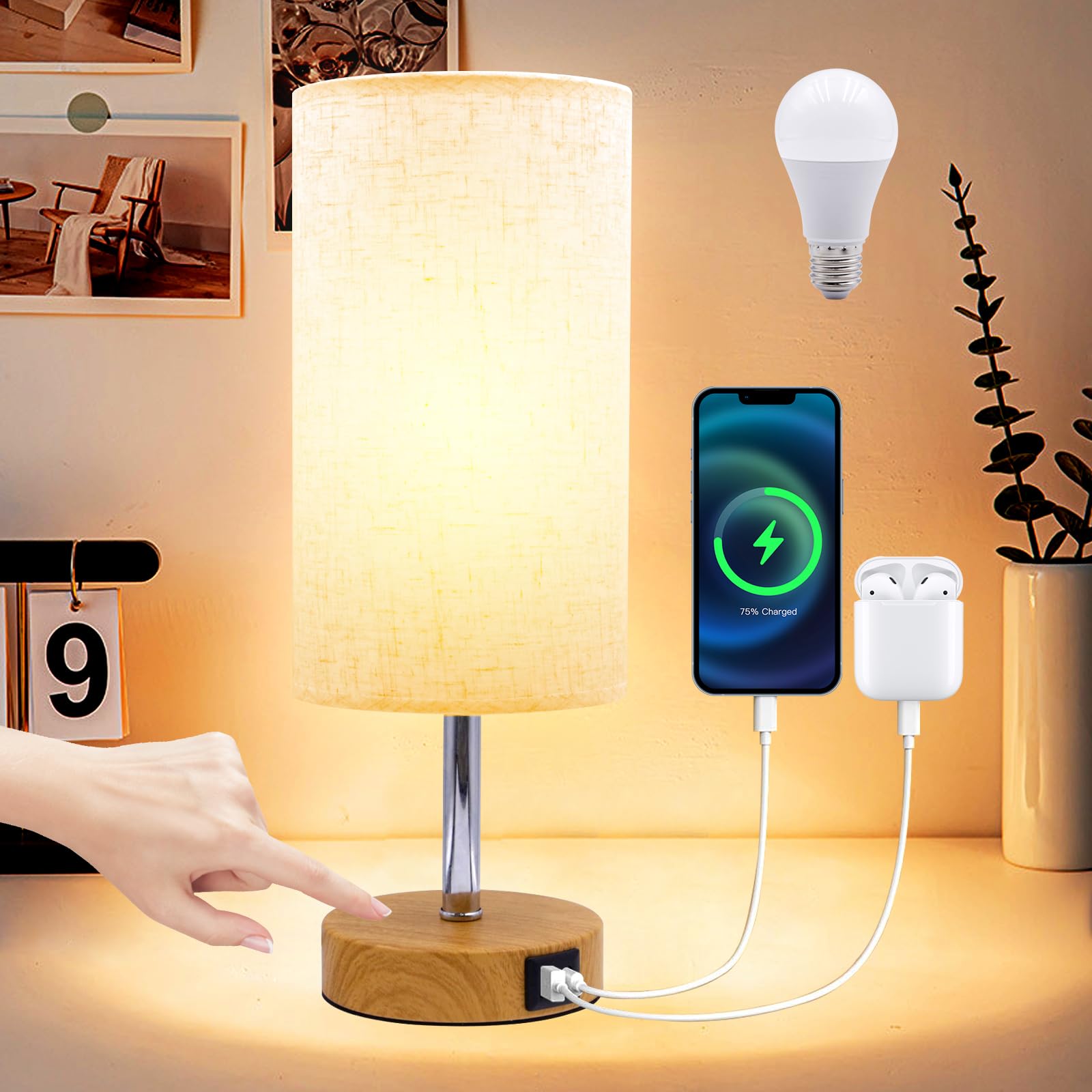 PQETBV Lámparas de Mesita de Noche Táctil Regulable, Lamparas Tactiles con Puertos de Carga USB A+C, Lámpara de Mesa con Base Redonda USB, Lampara Tactil Mesilla Noche para Dormitorio, Salón