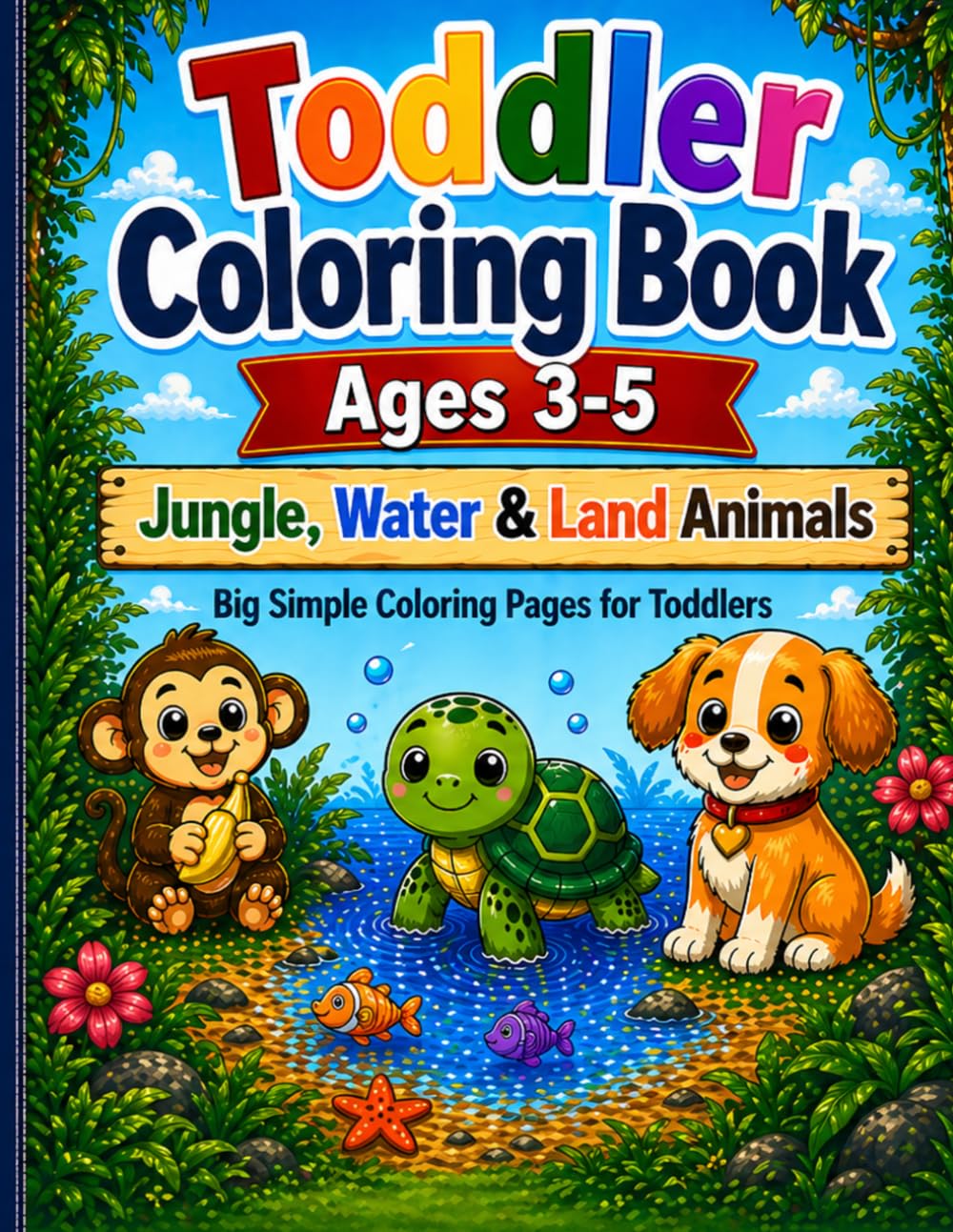 Toddler Coloring Book Ages 3-5: Jungle, Water & Land Animals: Big Simple Coloring Pages for Toddlers