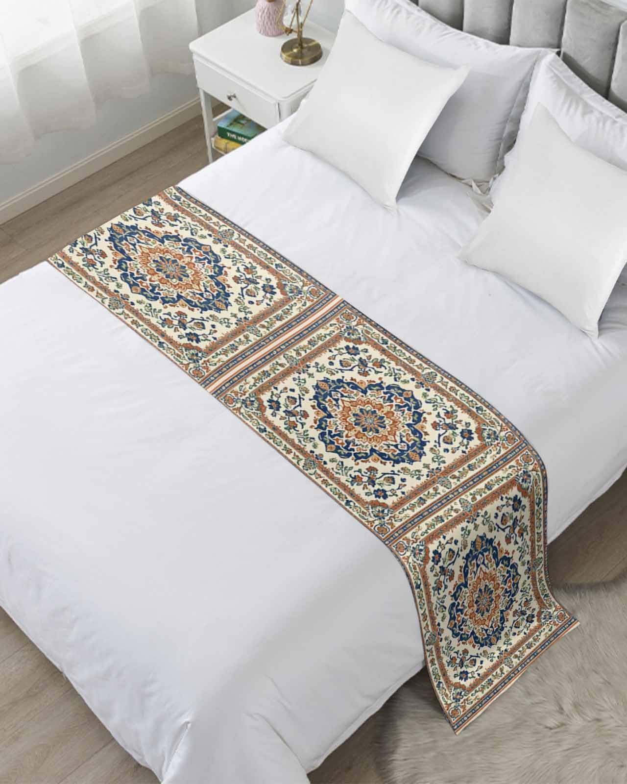 Southwest America Bed Runner for Full/Queen Size, Orange Blue Heritage Bohemian Tribal Bedspread Protector Slipcover Bed Scarf for Foot Runners & Scarves for Bedroom Hotel Wedding Room 83x20 Inches
