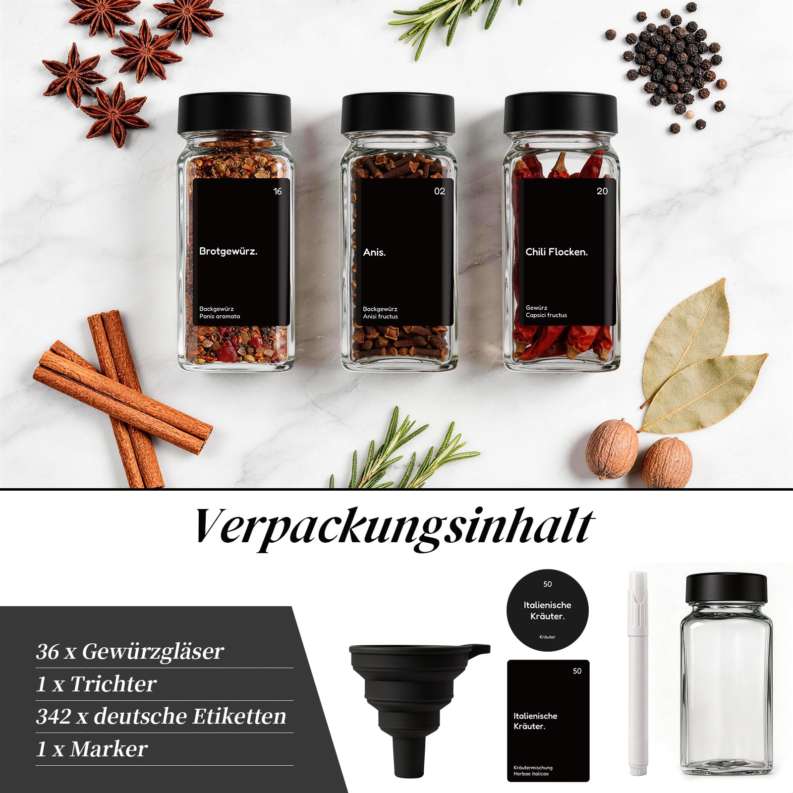 MHDCLY Lot de 36 bocaux à épices avec insert à saupoudrer - 120 ml - En verre avec couvercle noir - Avec 342 étiquettes (allemand) et entonnoir - Lot de pots à épices pour organisateur d'épices