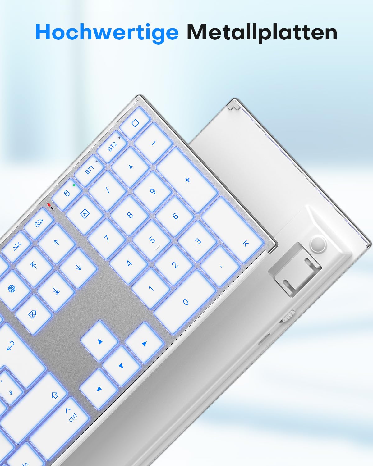 OMOTON Aluminium Kabellose Mac Tastatur, 2.4G & Dual-Bluetooth (BT1/BT2), Beleuchtete Tastatur für Apple MacBook Pro/Air, iMac, Mac mini, ultradünn, wiederaufladbare leise QWERTZ, Silber