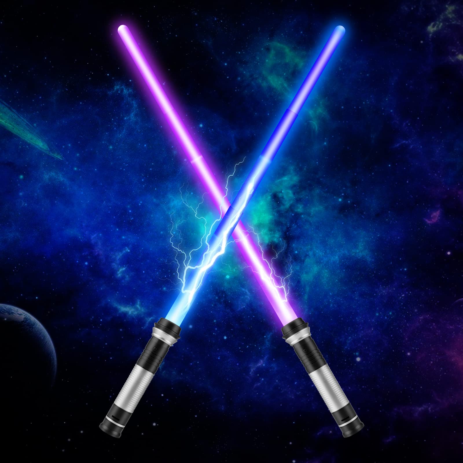 2 Pack Lightsabers 7 Colors Changeable with 3 Modes Sound Force Flash Smooth Swing FX Dueling Lightsaber, Handle Light Saber, Boys or Adults Sword Toys