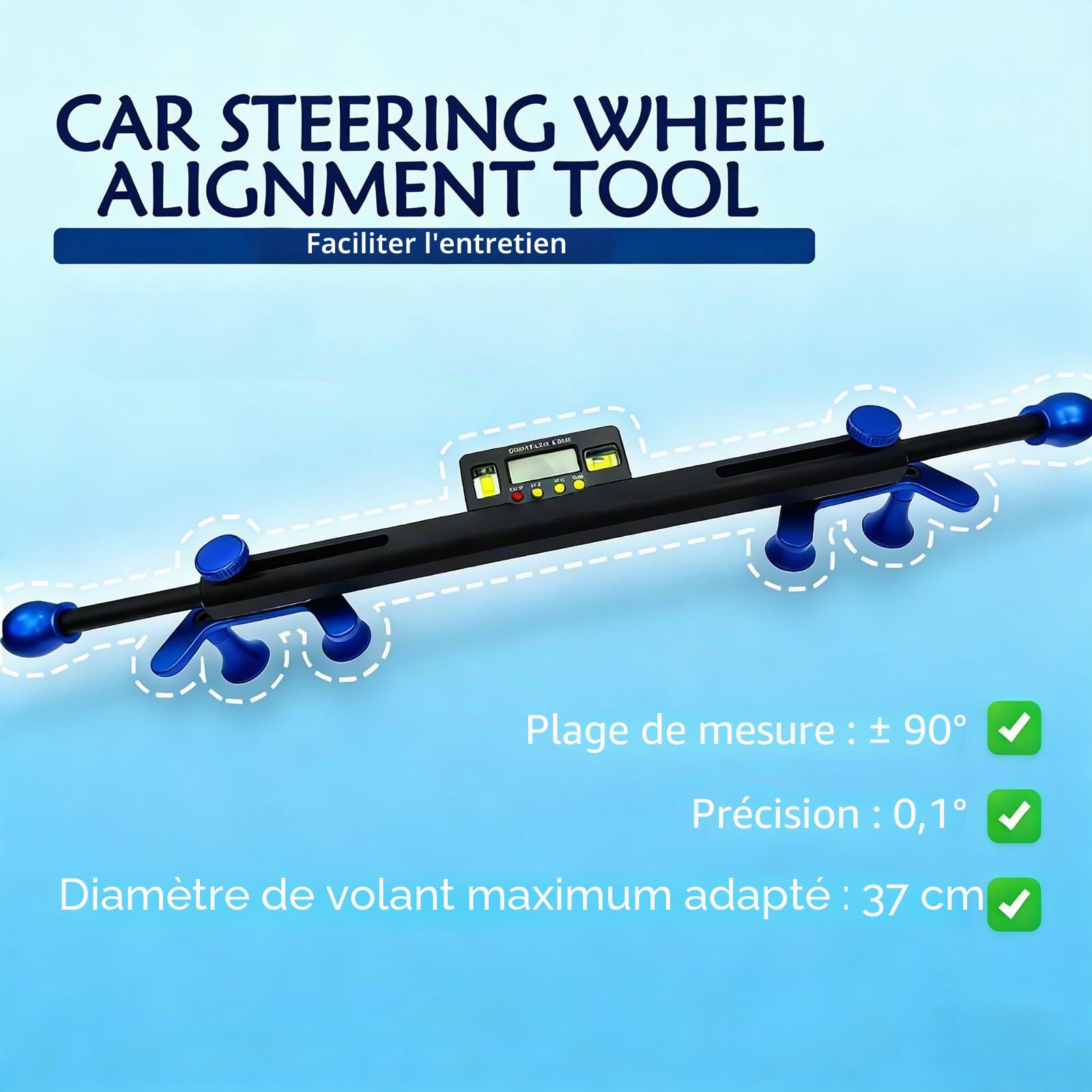 Outil d'alignement de Niveau de Volant de Voiture, aligneur numérique de Niveau de Volant avec Aide au positionnement électronique, Plage de Mesure ± 90 °, réglable de 19 à 37 cm
