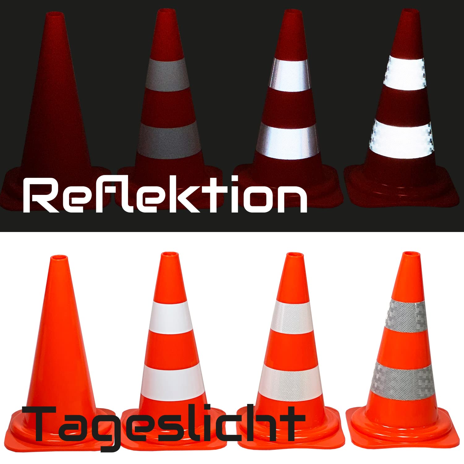 UvV 4 x 50 cm Leitkegel Warnleitkegel Pylon 1,2 kg schwer 500 mm Verkehrshütchen Kegel Orange mit 2 weissen Streifen (Folie) stapelbar Hergestellt in Delbrück (Orange-Weiss)