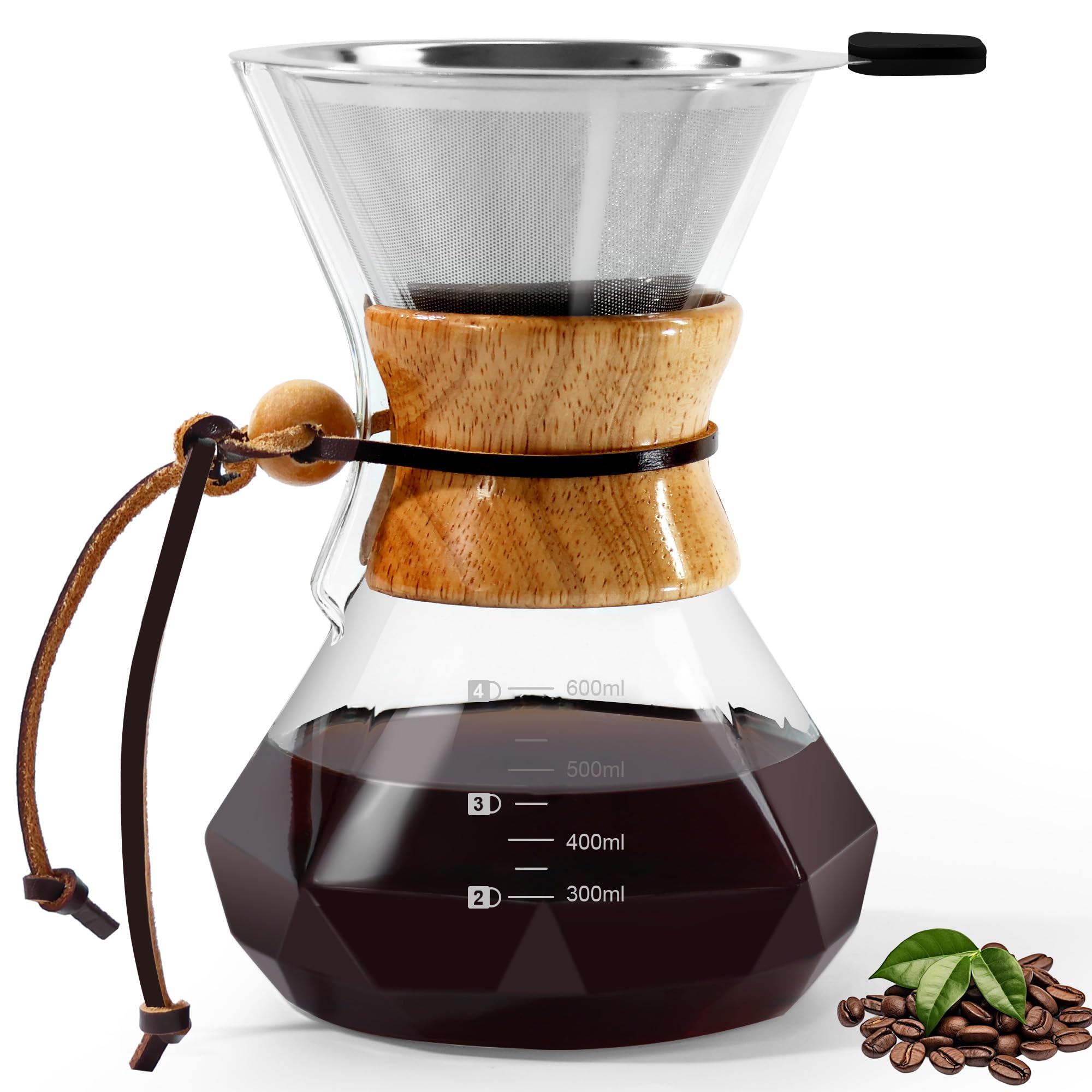 FGIUKC コーヒーサーバー 耐熱ガラス コーヒードリッパー ステンレスフィルター 2層メッシュ 繰り返し使用可能な コーヒードリップ 器具 電子レンジ可 600ml 目盛付き 2~4人用 ハンドドリップコーヒーサーバー カフェ