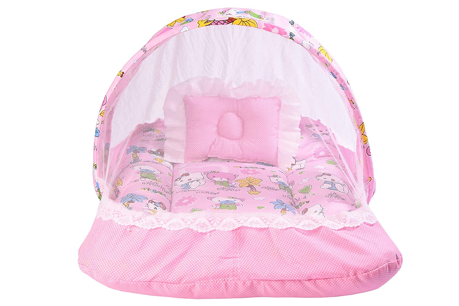 Wonder Home New Born Baby Boy's & Baby Girl's Bedding Set Mattress with Mosquito Net & Neck Pillow for 0-6 Months Babies (Baby Pink),33x21x2 Inch