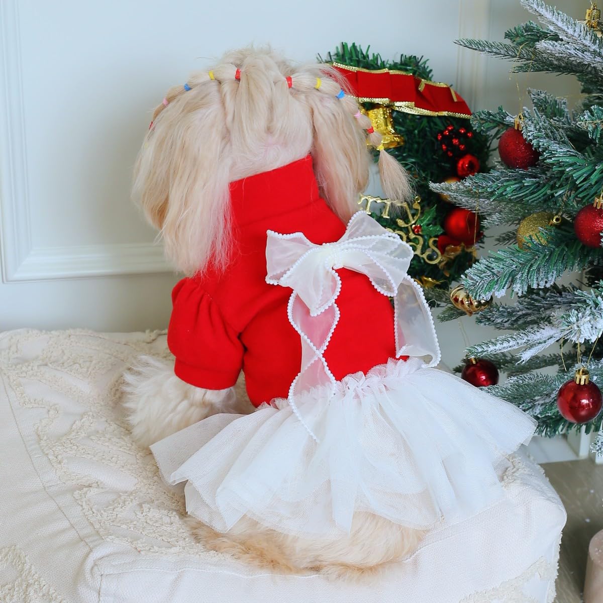 Robe de Noël pour Animal de Compagnie, Motif Tulle Rouge et Blanc avec nœud, Tenue de Vacances pour Petits Chiens et Chats (Rouge, XL(5-7.3kg))