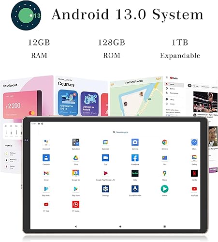 Miniatura 3 de SEBBE Tablet PC Android 13 de 10 pulgadas 12 GB de RAM + 128 GB ROM TF 1 TB Octa-Core 2.0 GHz, Google GMS  Bluetooth 5.0  5G WiFi  6000mAh  1280 *