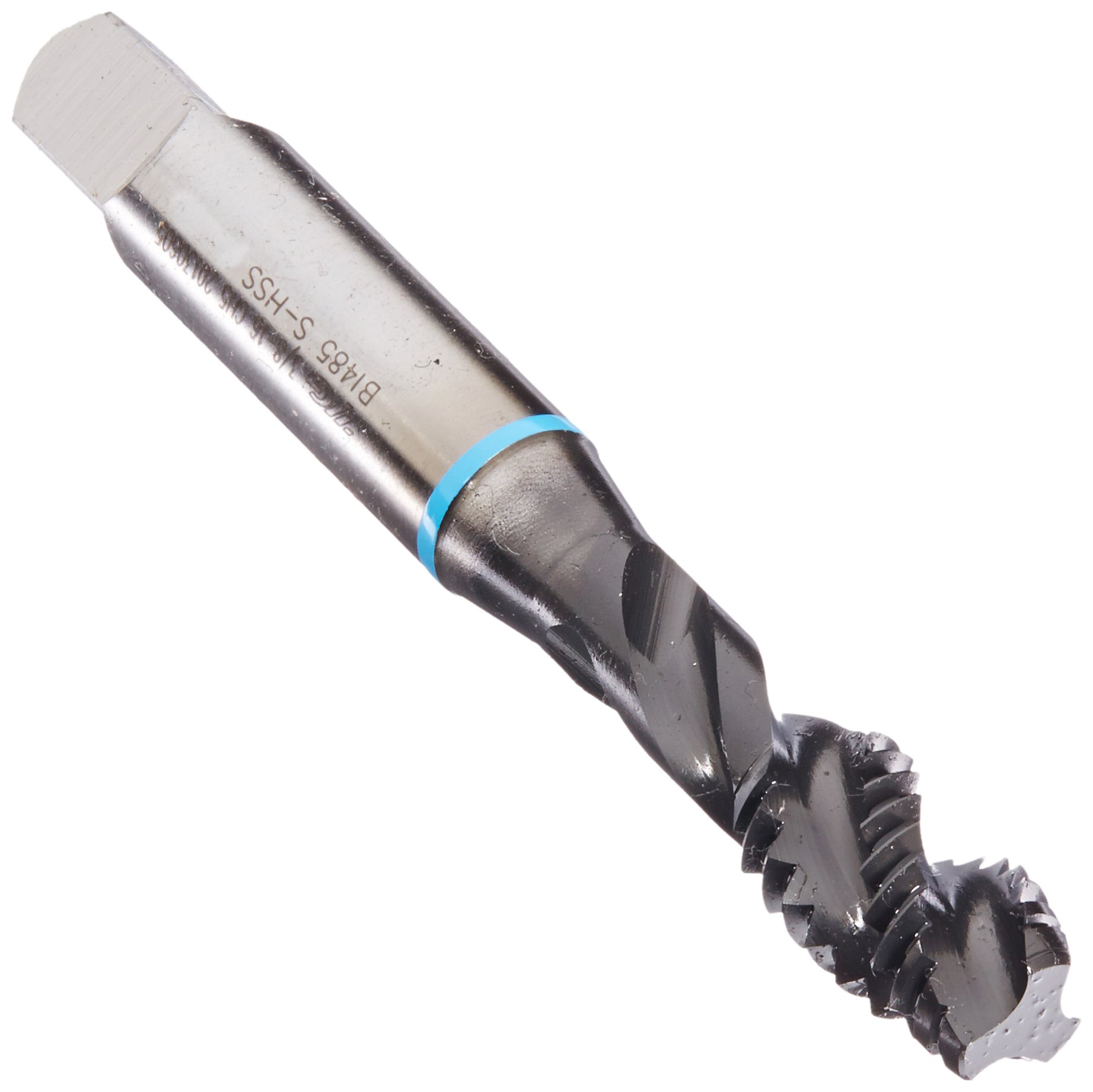 YG-1 BI Series Super HSS Spiral Flute Tap, Hardslick Coated, Round Shank with Square End, Modified Bottoming Chamfer, 3/8