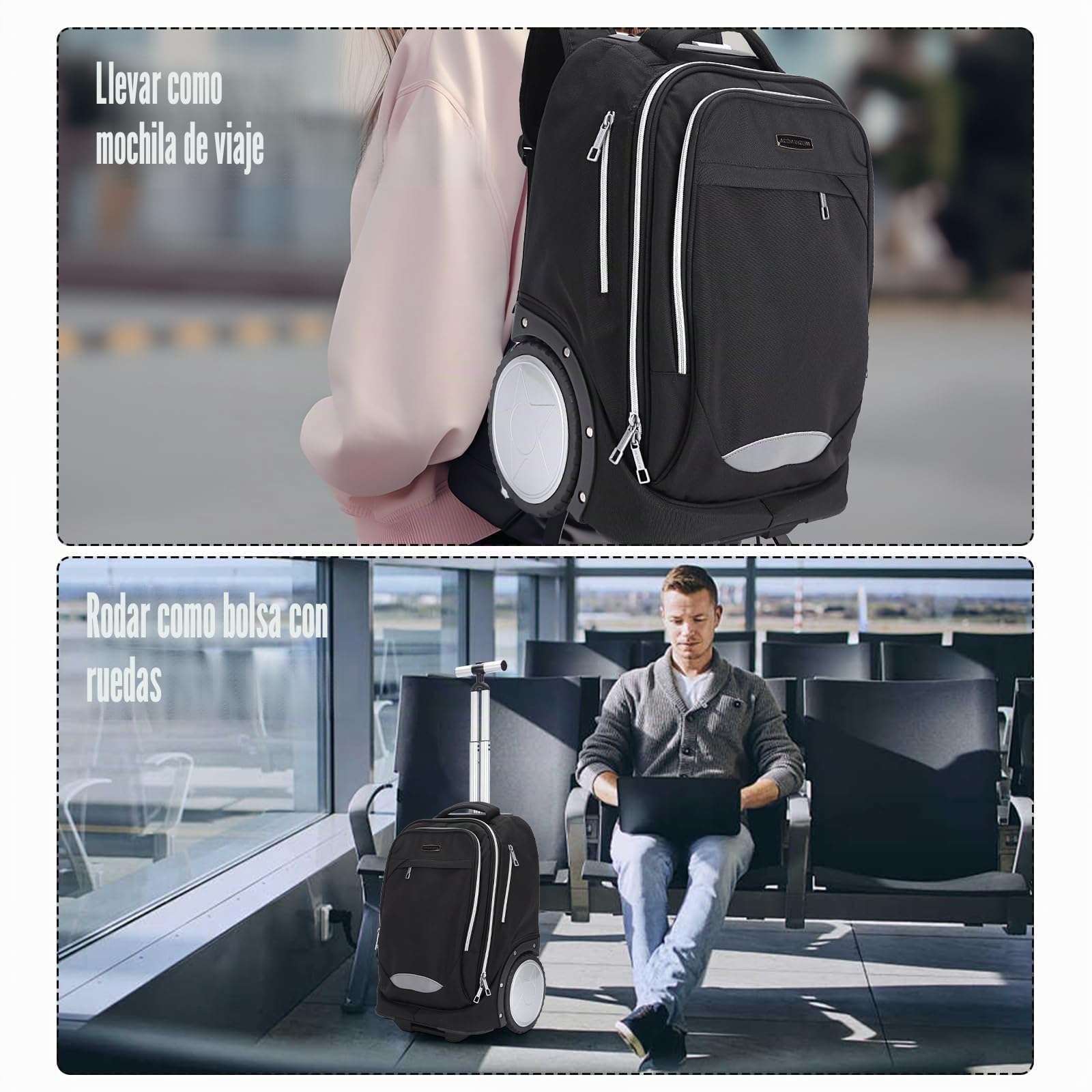 Hivexagon Mochila con Ruedas, Mochila rodante con Ruedas de 7 Pulgadas – Mango telescópico Reforzado, Compartimento para Laptop, Ideal para Negocios y Viajes – Negra