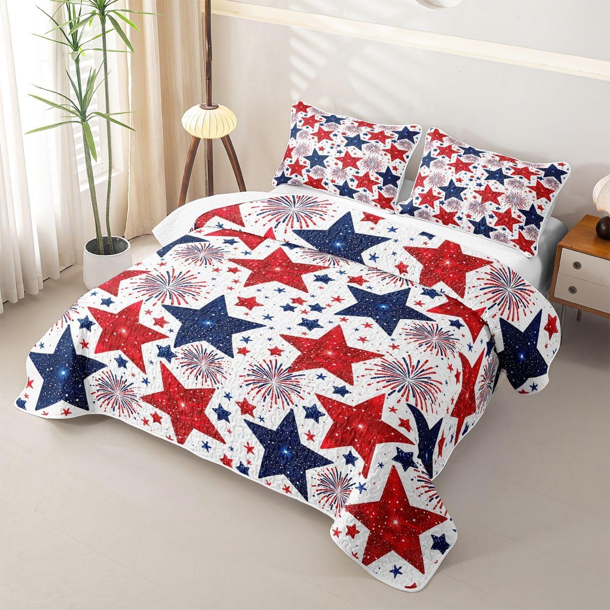 Manfei Glitter Star Firework Quilt Set Queen Size,Sparkling Patriotic Quilted Bedspread for Kids,Memorial Day Quilted Coverlet with 2 Pillow Sham,Colorful Bed Covers for All Season