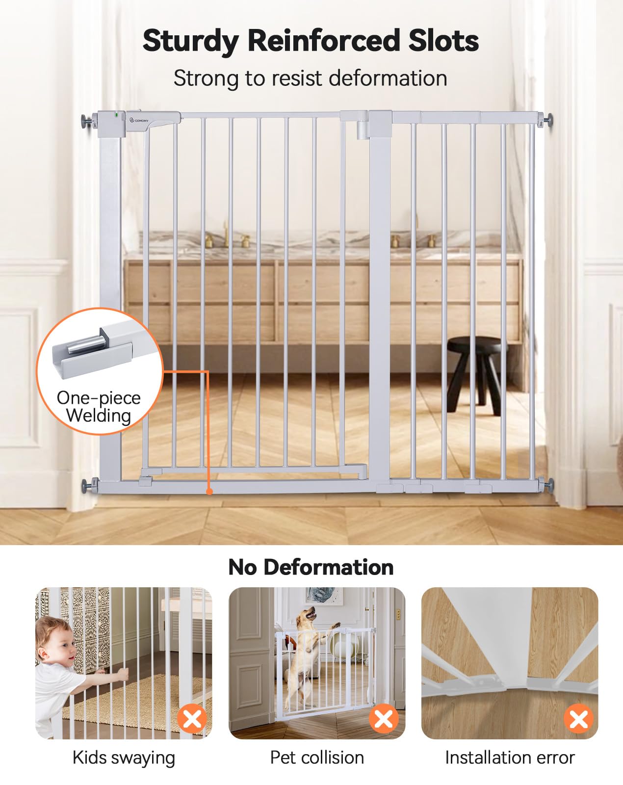 COMOMY 91,5cm Cancelletto per cani Extra Alto, per Scale e Porte, 75 a 103cm di Larghezza, Montato a Pressione Cancellino Bambini di Sicurezza Extra Largo a Chiusura Automatica per Casa, Bianco
