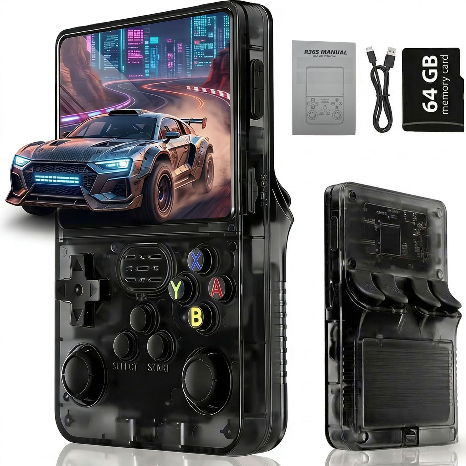 Retro Konsole Handheld Spielkonsole mit 20000+ Spielen, 3,5 Zoll IPS Bildschirm, Tragbare Retro Spielekonsole mit Linux System, R36S Portable Gaming Konsole für Zuhause und Reisen (Rauchschwarz)