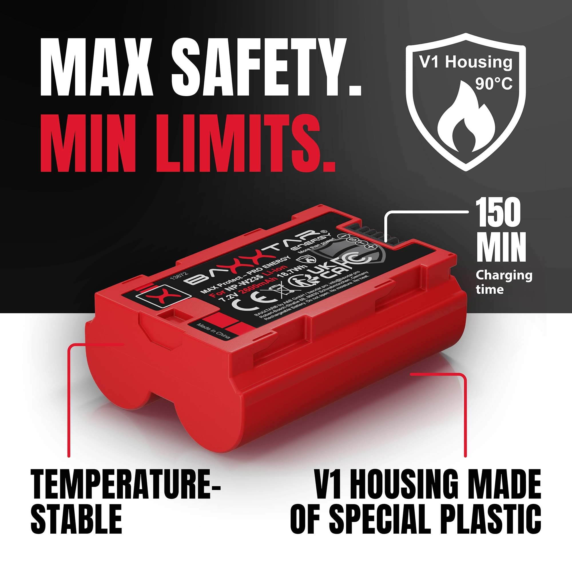 Baxxtar NP-W235 Batteries MaxProtect (2X 2600mAh) avec NTC-Capteur et Boîtier V1 - Chargeur Mini 18882 USB Dual LCD - Compatible avec Fuji GFX50s II GFX-100S GFX-100 II X-H2 X-H2S X-S20 X-T4 X-T5