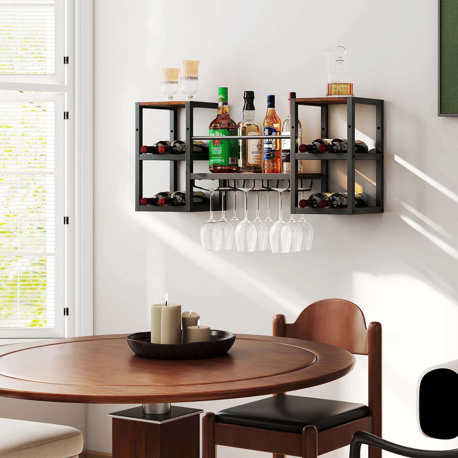 COSTWAY Portabottiglie da Parete con Porta Bicchieri, Struttura in Metallo per 8 Bottiglie con Ripiano Aperto, Scaffale da Muro a 3 Livelli per Sala da Pranzo e Cucina, 89 x 25 x 40 cm
