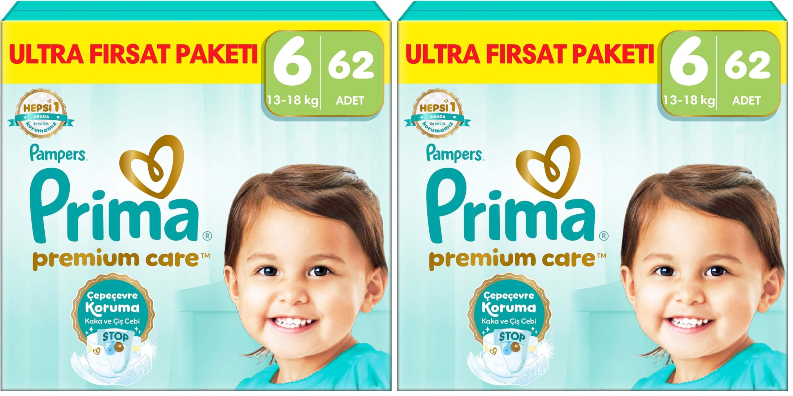 Prima Bebek Bezi Premium Care 6 Numara 62 Adet Ultra Fırsat Paketi (2 paketi)