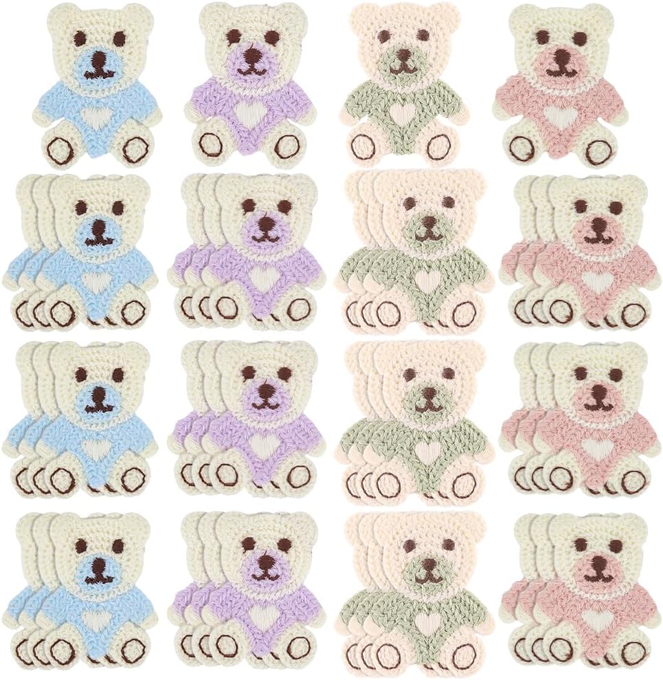 FINGERINSPIRE 40 Pcs Little Bear Crochet Patch 4 Colors Bear Crochet Knitted Cloth Applique 2.4x1.8Inch Polyester Cartoon Bears Embroider Sew On Patches Embellishments for Clothes Hats DIY Crafts