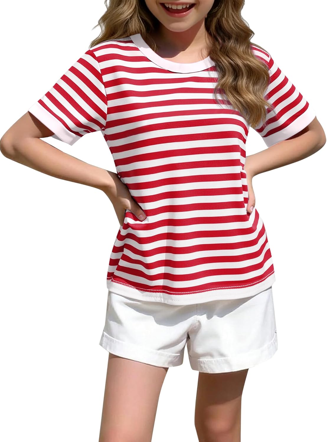 Girls Striped Shirt Short Sleeve Tops Casual Tees