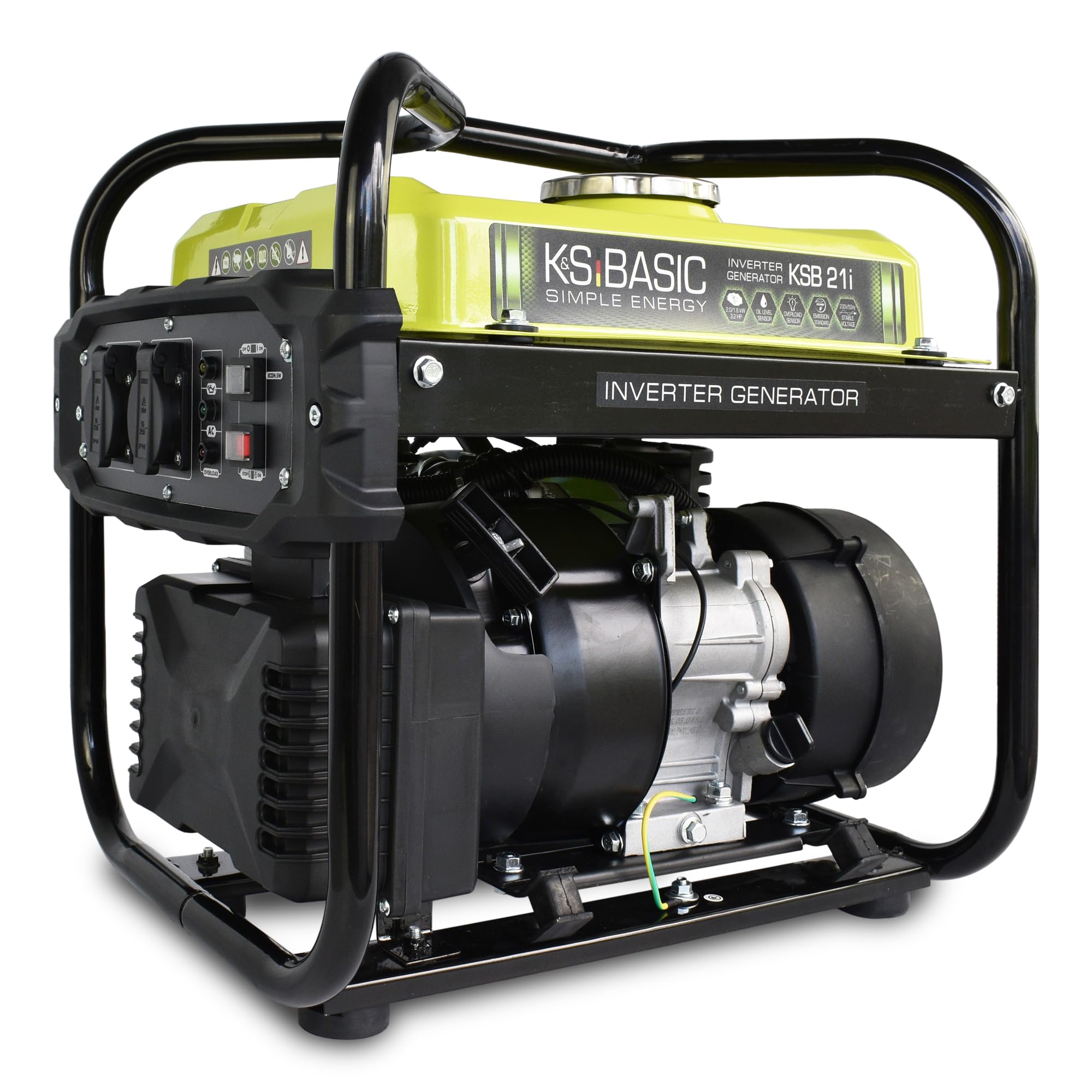 K&S Basic KSB 21i - Generatore di corrente a benzina a 4 tempi, 2,9 CV, con regolatore di tensione automatico, protezione contro la mancanza di olio, norma di scarico EURO V, 2000 W, 2 x 16 A (230 V)