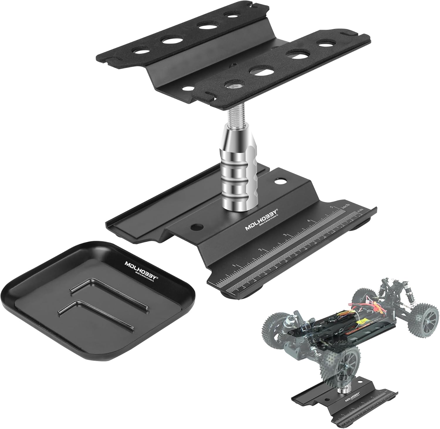 Aluminum RC Car Work Stand with 360°Rotation Lift & Screw Tray, Repair Workstation for 1/10 1/12 1/16 Scale Crawler Monster Truck Buggy, Compatible with RC Accessories (Black)