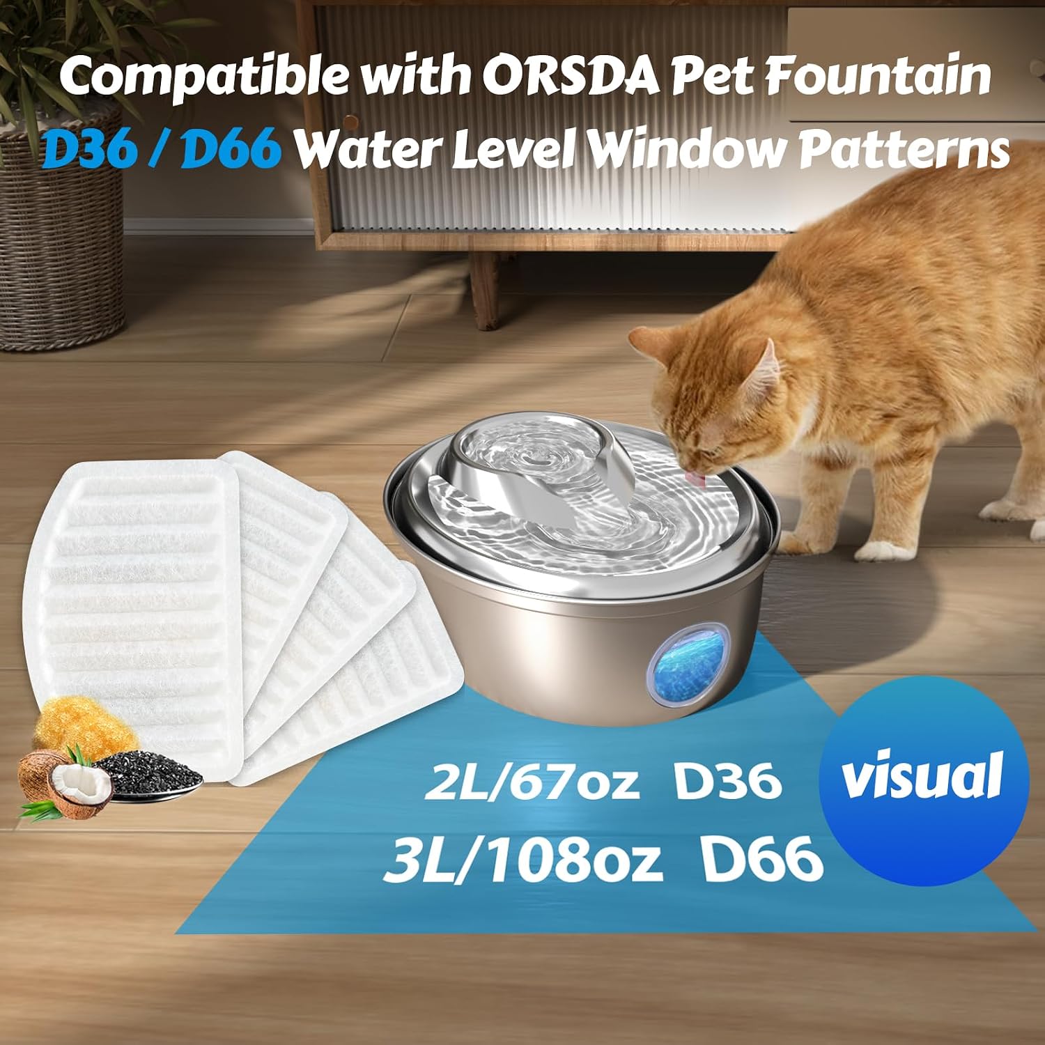 ORSDA Stainless Steel Cat Water Fountain, Automatic Pet Water Fountain, 100oz/3L Drinking Fountain Dog Water Dispenser, Cat Water Fountain Filters 6Pack