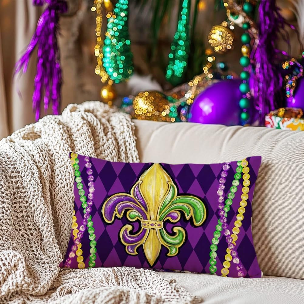 RABUSOFA Mardi Gras Pillow Covers 12x20 Inch,Fleur De Lis Lumbar Decorative Throw Pillows,Purple Beads Outdoor Pillow Cases Decorations Holiday Party Couch Sofa (12" x 20") - Image 3