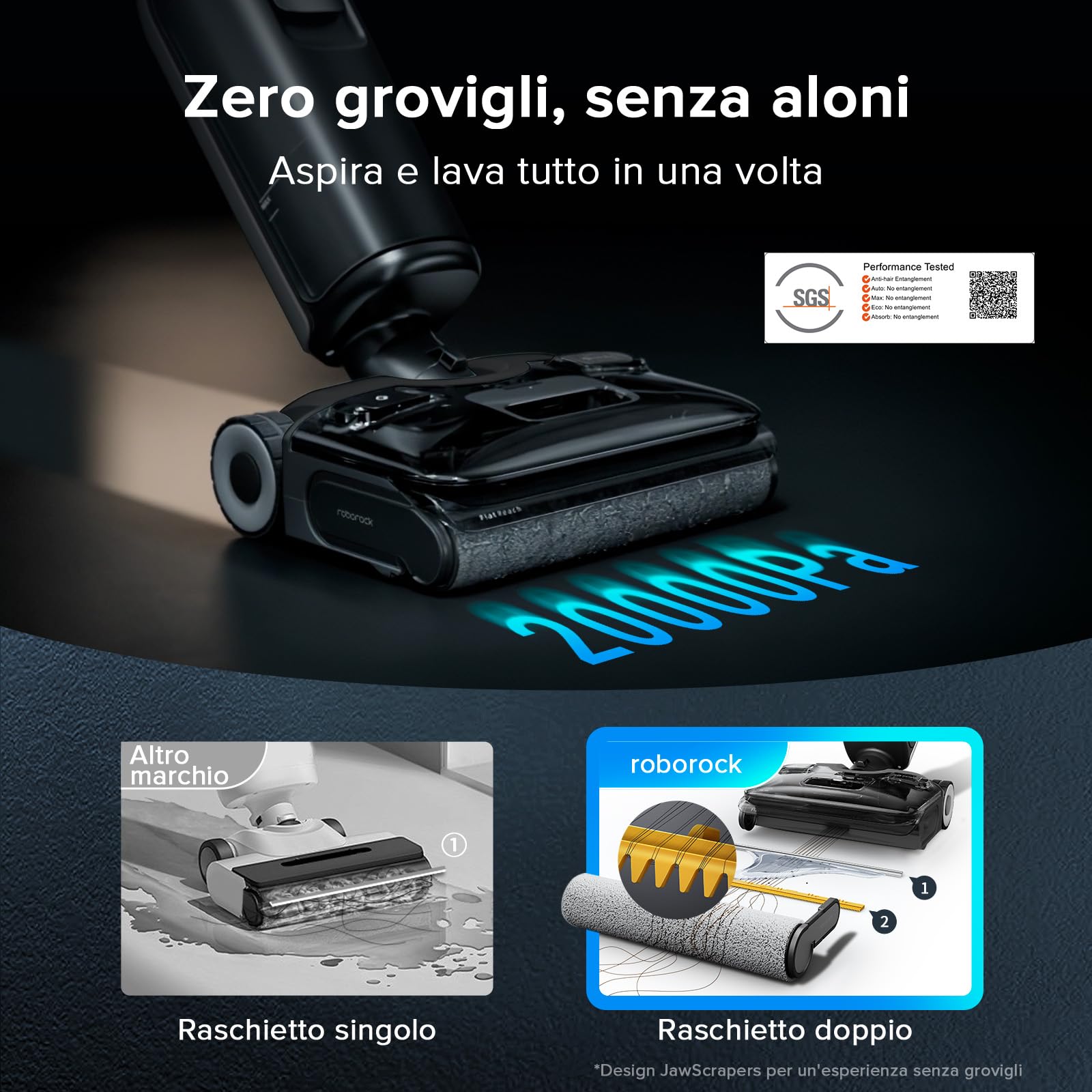 roborock F25 ACE Combo Aspirapolvere Senza Fili e Lavapavimenti 5 in 1, 20.000 Pa, Autopulizia a 90°C, Zero Grovigli, 180° UltraPiatto, Pulizia Bidirezionale, Controllo WiFi, per Parquet e Piastrelle