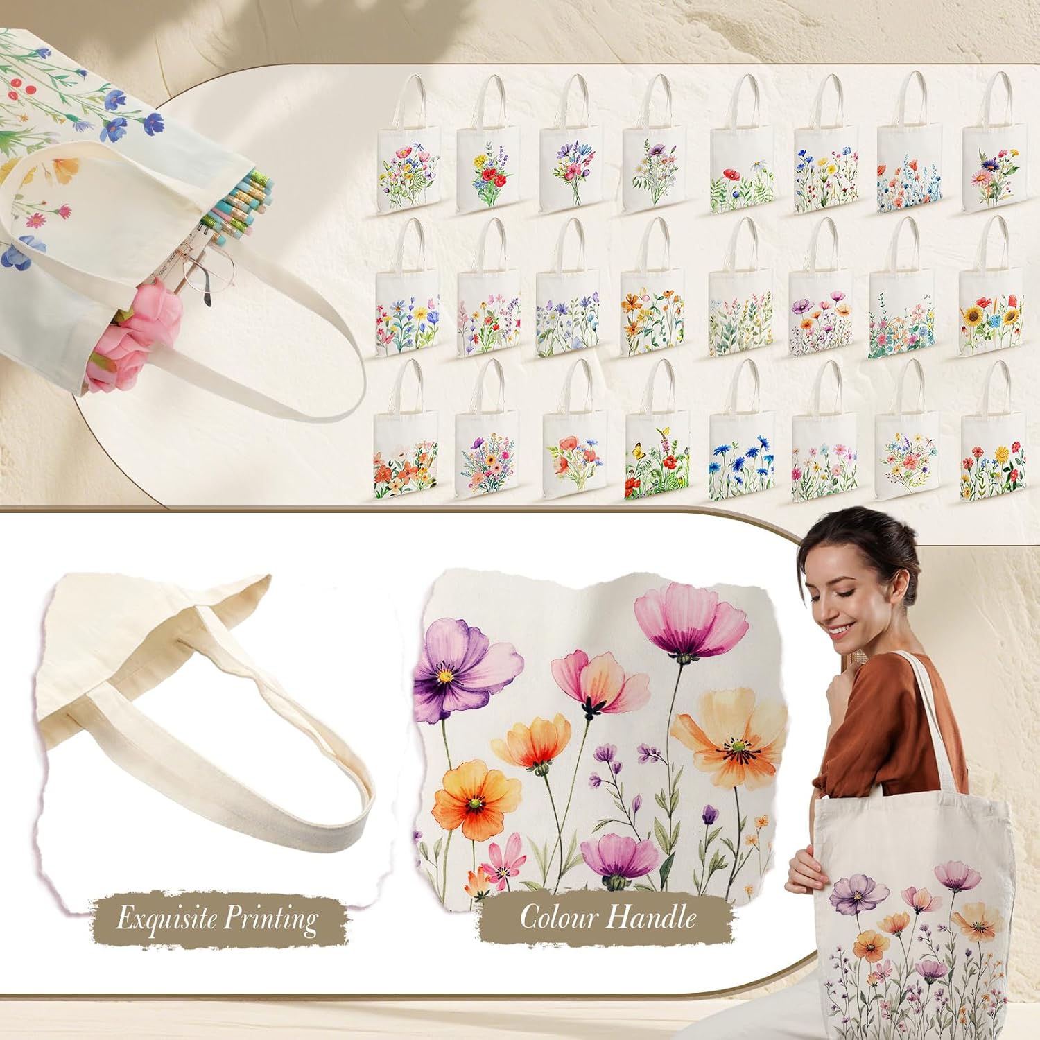 Shinylin 24 Pcs Wildflower Canvas Tote Bags Bulk Book Lovers Tote Bag Book Club Gift Totes for Birthday Party Teacher Mother's Day Women Gift