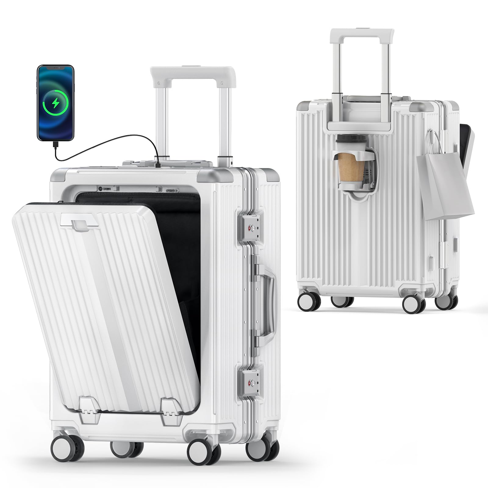 IDIYSONGPortable Carry-on Luggage 22 inch with Front Open Door & Cup Holder & Top USB Port, TSA Lock & 360°Spinner Wheels Hard Shell Suitcase. (01-WHITE)