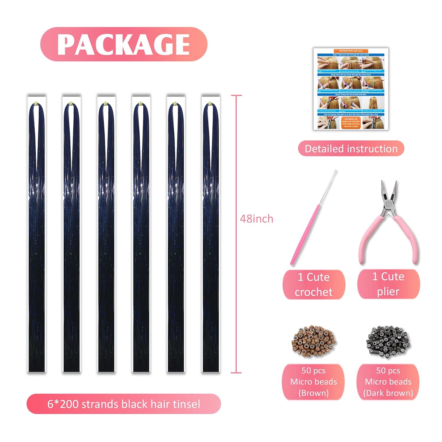 Black Hair Tinsel Kit 48 Inches 1200 Strands with Tools and Instruction Easy to Install Fairy Glitter Tinsel Hair Extensions for Women and Girls，Shinny Sparkling Braiding Hair Accessories for Halloween Cosplay Party image 4