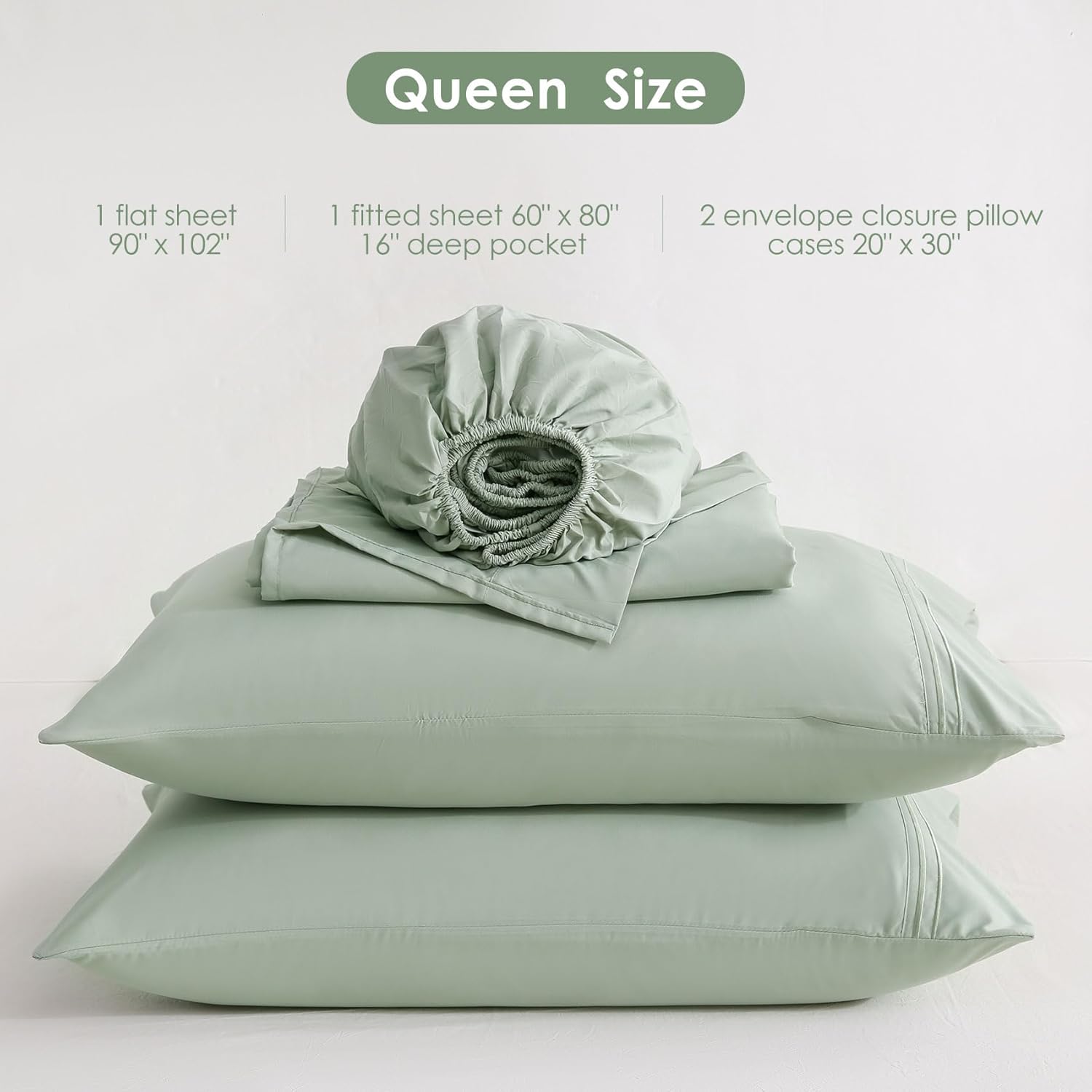 JSD Sage Green Queen Sheet Set with Side Pocket Corner Straps, 4 Piece Soft Microfiber Bed Sheets Extra Deep Pocket