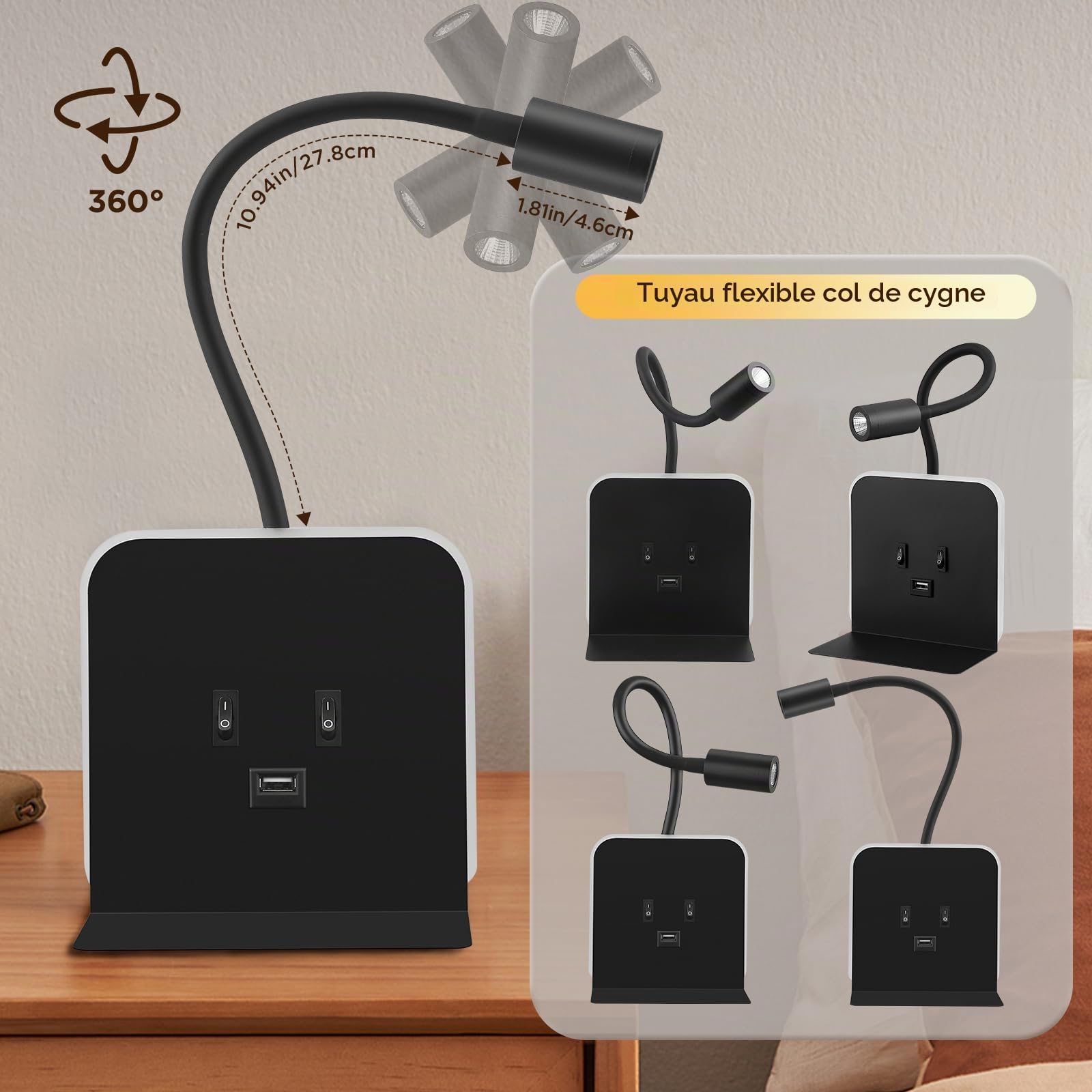 Applique Murale Intérieure LED, Liseuse de chevet LED avec Interrupteur Port USB, Plateau, 360°Réglable Applique Murale Lampe de Lecture de Chevet, Cou Flexible Lampe de Lecture, Lumières Murale(B)