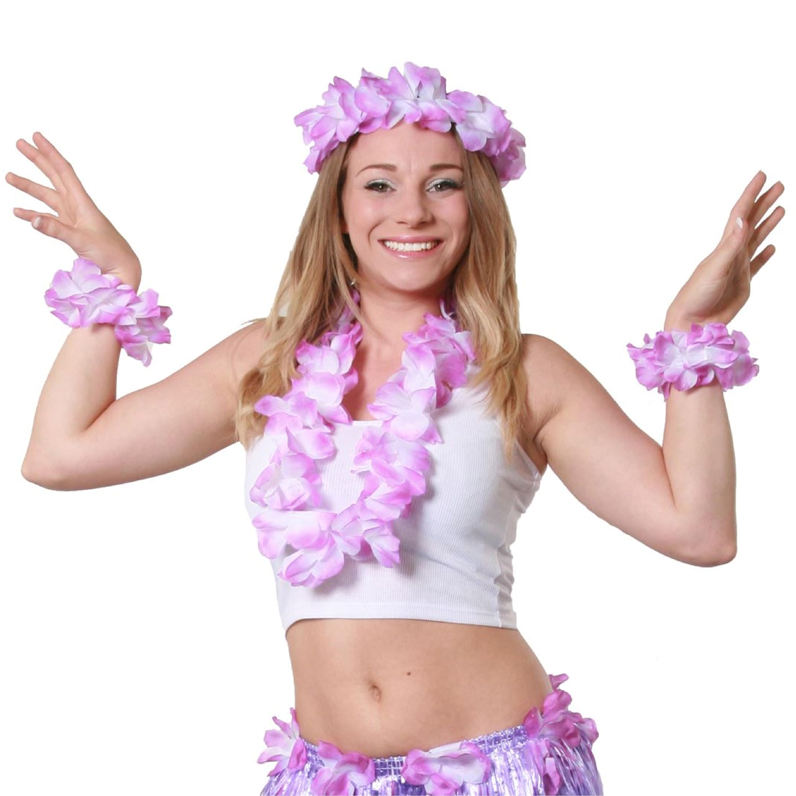 5 Piece Purple Hawaiian Flower Lei Set - 1x Flower Lei Necklace, 1x Floral Headband and 2x Flower Bracelets - Perfect for Summer & Hawaiian Fancy Dress - Pack of 6