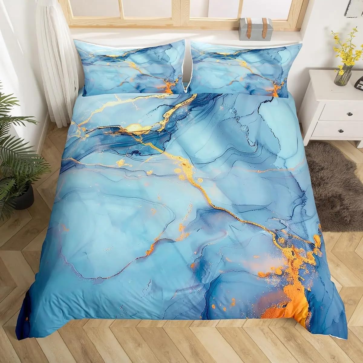 Housse de couette marbre bleu anti-plis en microfibre douce pour lit d'adolescente et femme